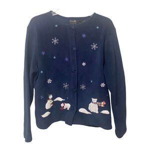 VTG Croft & Barrow Holiday Sweater Women Small Blue Button Up Christmas